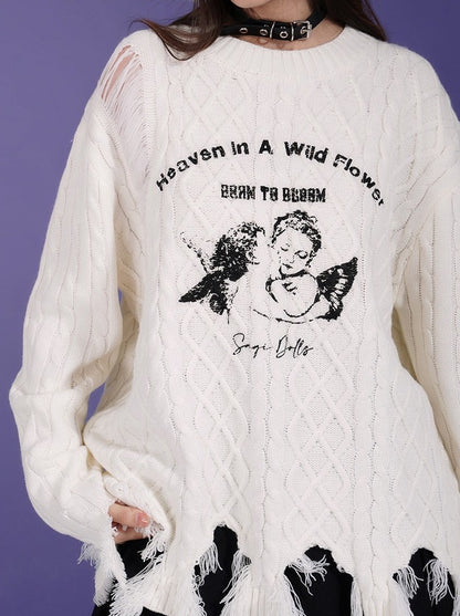 Sweet Cool Milk White Angel Print Damaged Knit