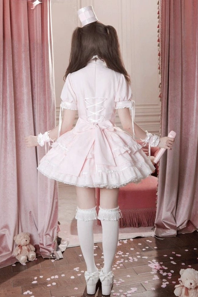 【10月23日予約締切】Pink Sweet Lolita Puff Sleeve Bow Frill Dress＋Full Set (with Hat and Wrist Cuffs)