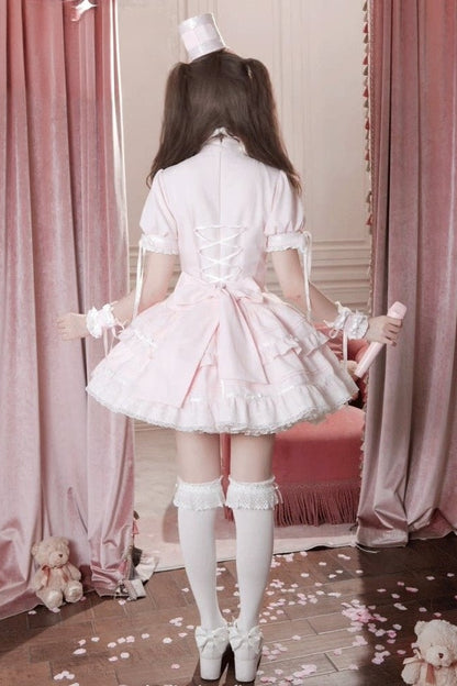 【10月23日予約締切】Pink Sweet Lolita Puff Sleeve Bow Frill Dress＋Full Set (with Hat and Wrist Cuffs)