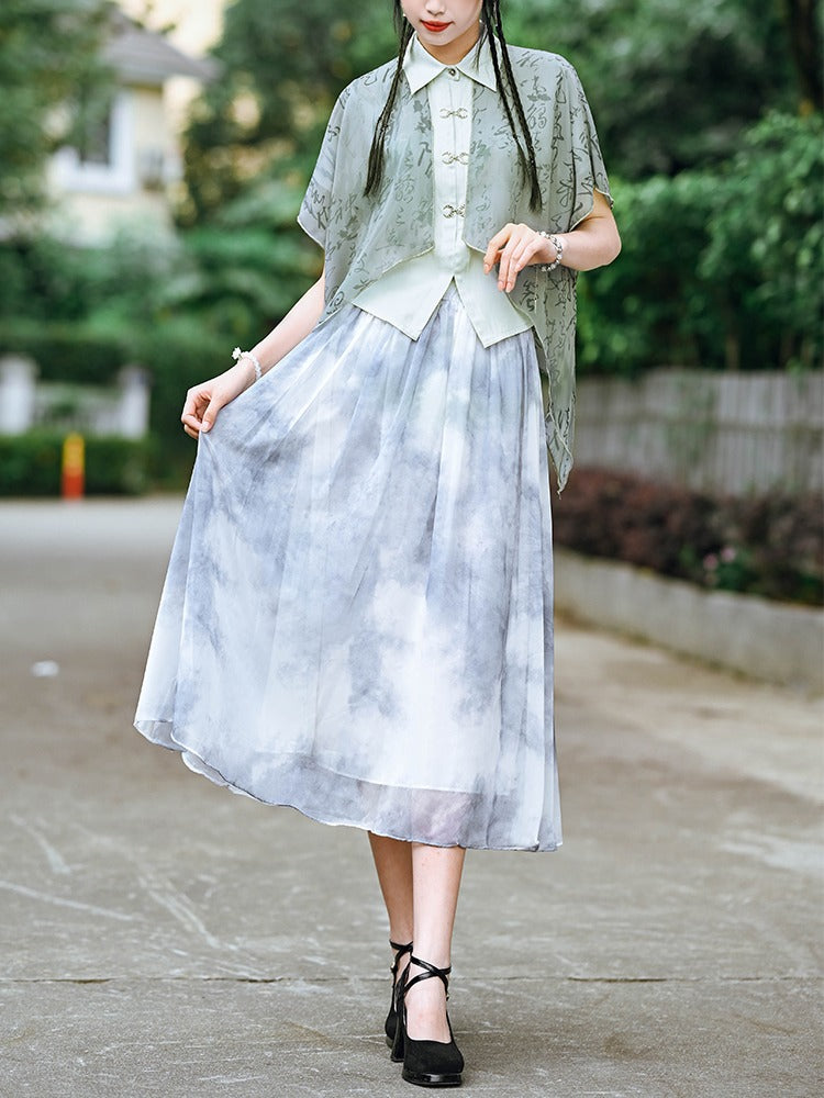 Smoke rain print chiffon sheer long skirt