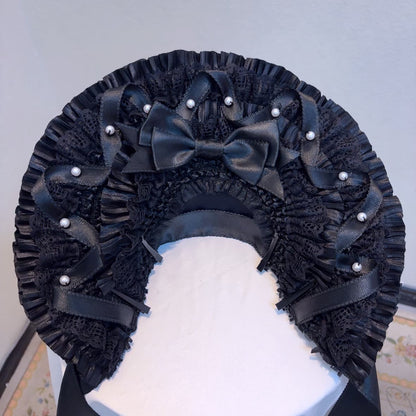 [Deadline for reservations: November 21] Night Cross Dark Elegant Gothic Lolita Pearl Ribbon Bonnet