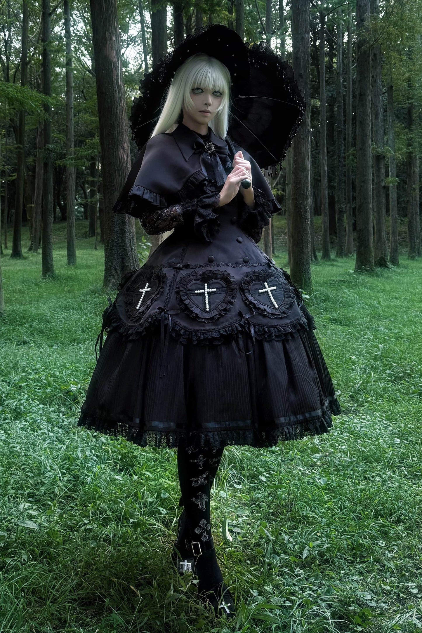 【12月12日予約締切】Night Crossダークエレガントゴシックロリータジュエルリボンケープ＋ロングドレスセット