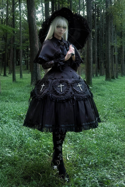 【12月12日予約締切】Night Crossダークエレガントゴシックロリータジュエルリボンケープ＋ロングドレスセット