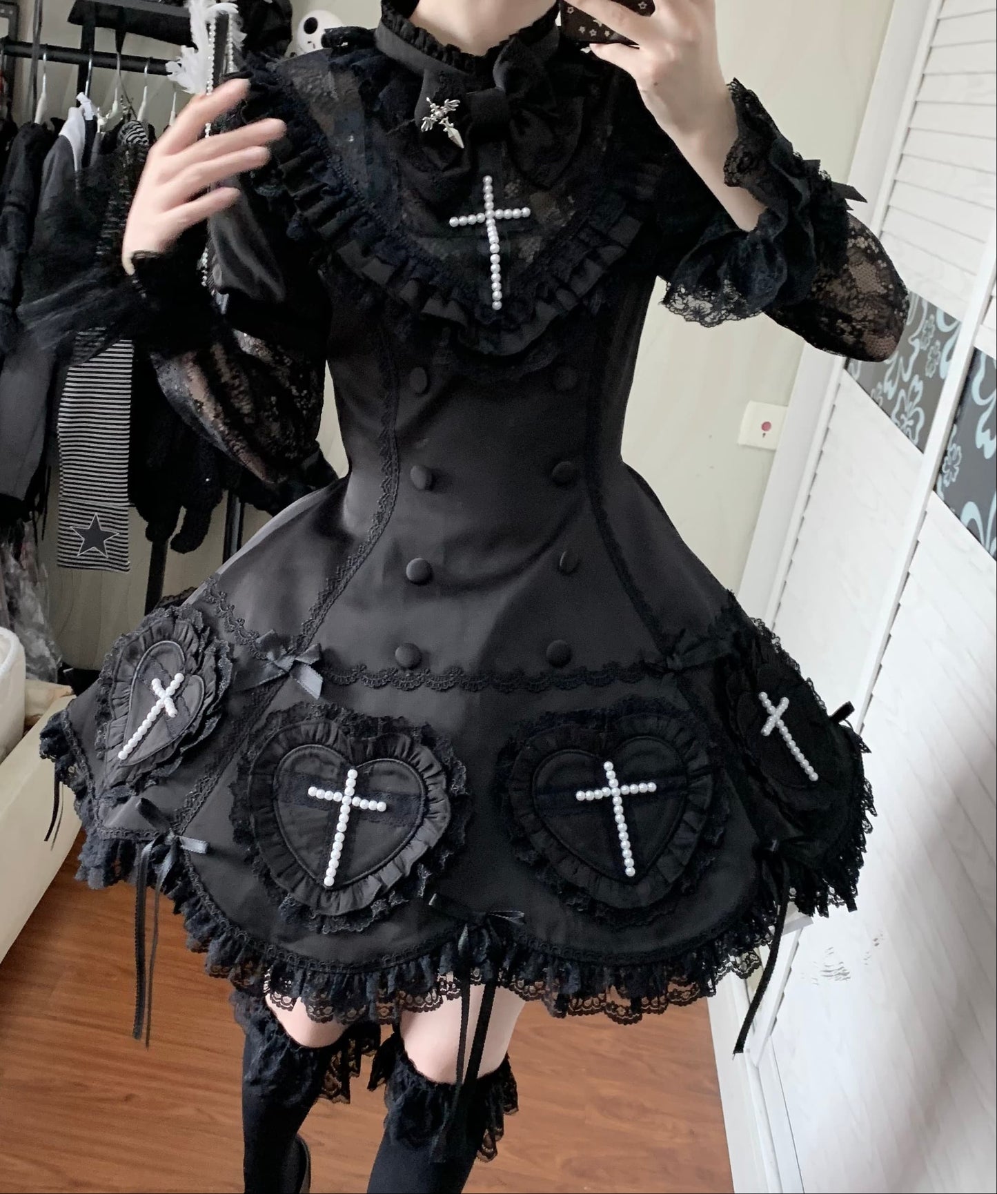 【12月6日予約締切】Night Crossダークエレガントゴシックロリータジュエルリボンケープ＋ショートドレス