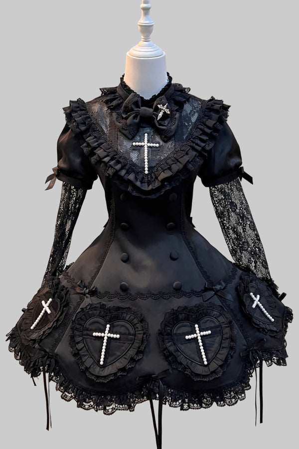 [Deadline for reservations: December 6] Night Cross Dark Elegant Gothic Lolita Jeweled Ribbon Cape + Short Dress