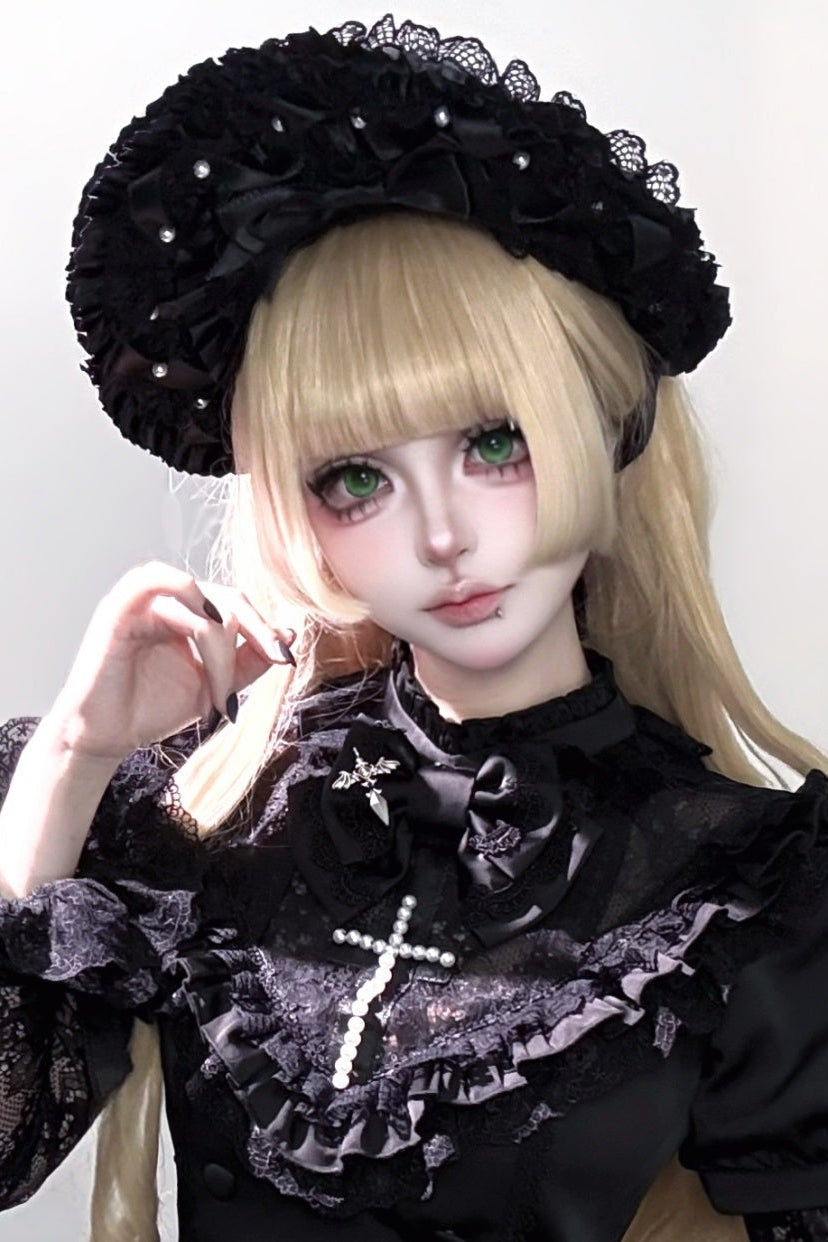 [Deadline for reservations: November 21] Night Cross Dark Elegant Gothic Lolita Pearl Ribbon Bonnet