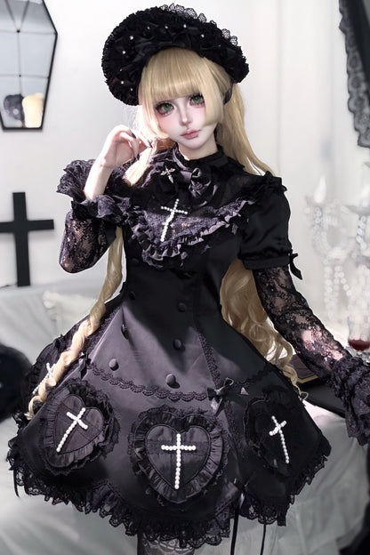 【12月6日予約締切】Night Crossダークエレガントゴシックロリータジュエルリボンケープ＋ショートドレス