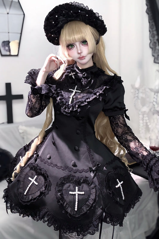 [Deadline for reservations: December 6] Night Cross Dark Elegant Gothic Lolita Jeweled Ribbon Cape + Short Dress