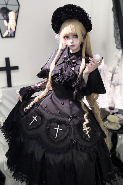 [Deadline for reservations: November 21] Night Cross Dark Elegant Gothic Lolita Pearl Ribbon Bonnet