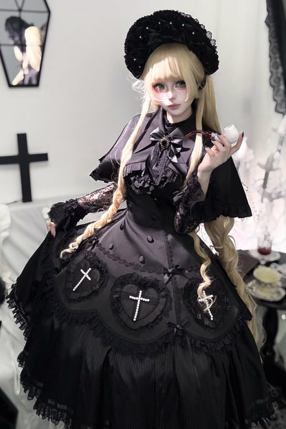 【12月12日予約締切】Night Crossダークエレガントゴシックロリータジュエルリボンケープ＋ロングドレスセット