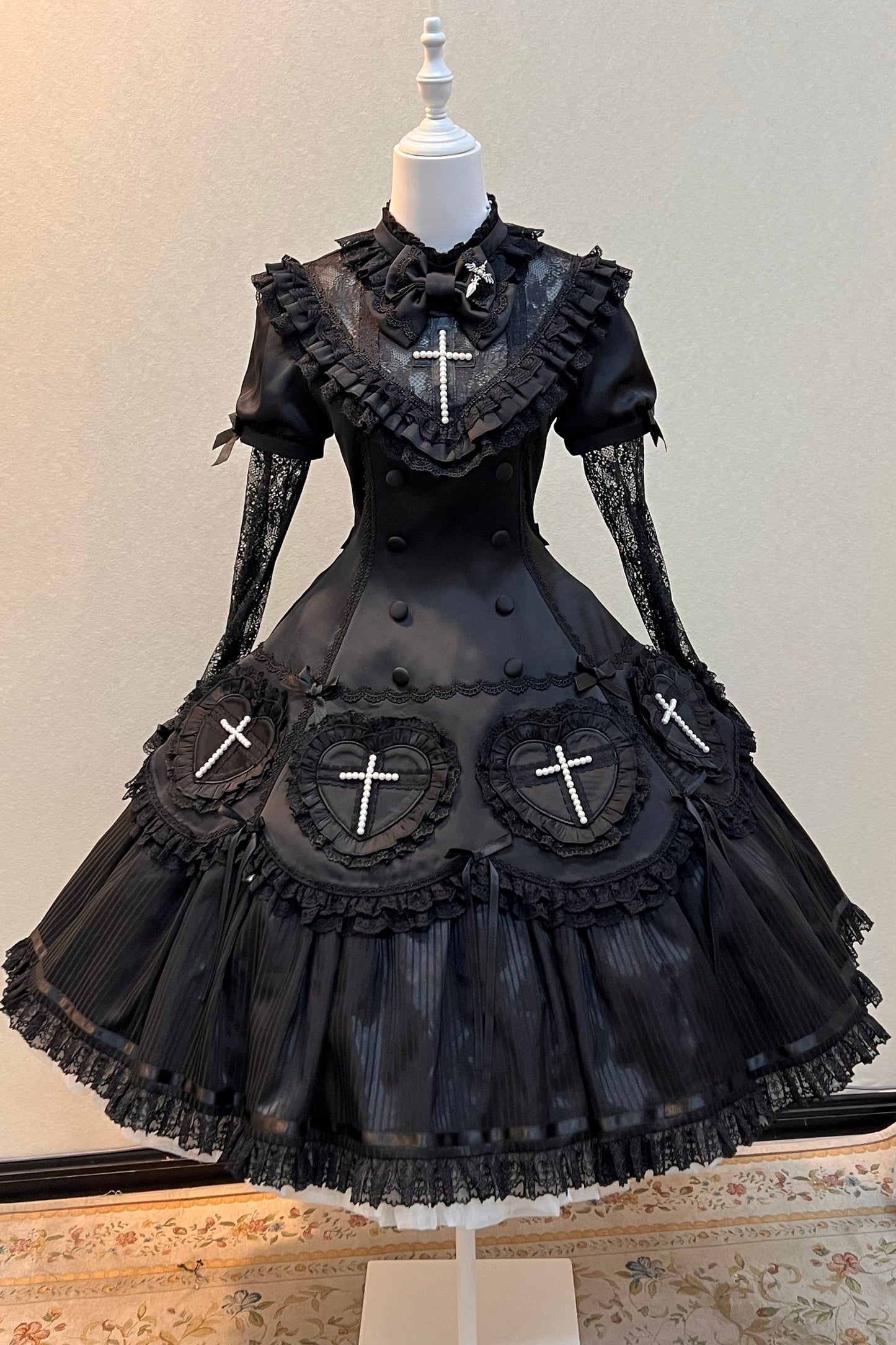 【12月12日予約締切】Night Crossダークエレガントゴシックロリータジュエルリボンケープ＋ロングドレスセット