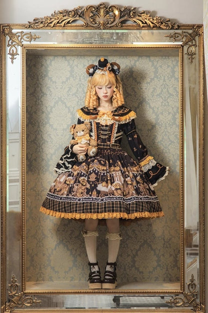 [Reservierungsschluss 8. September] Classic Bear Lolita-Stufenkleid mit weißem Kragen, Karomuster, Spitze und Schleife+Vintage-JSK-Kleid mit Teddybär-Print und Spitze+Vintage-Lolita-Kleid mit Teddybär-Print, Karokragen und klassischem Karomuster