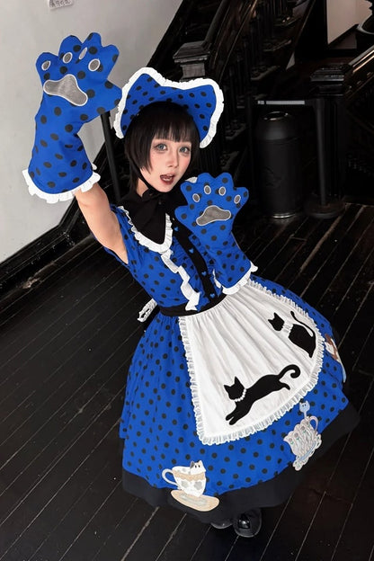【8月18日予約締切】ダークブルー×ブラックドット猫カフェテイストメイドロリータドレス（エプロン付き）＋コンプリートセット
