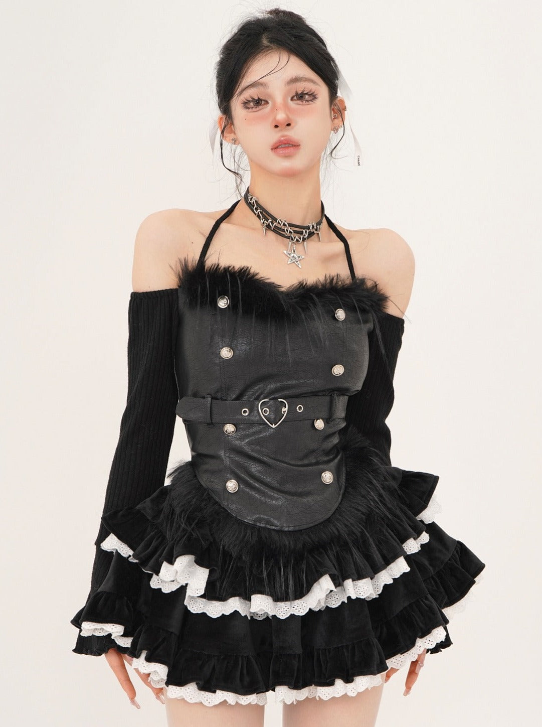 Blackberry Whiskey Black Sweet Spicy Neck Shoulder Top + Flared Skirt [Reserved Item