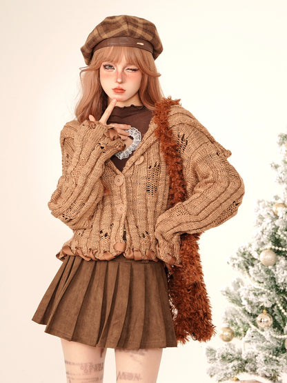 French Khaki Short Girly Knit Cardigan