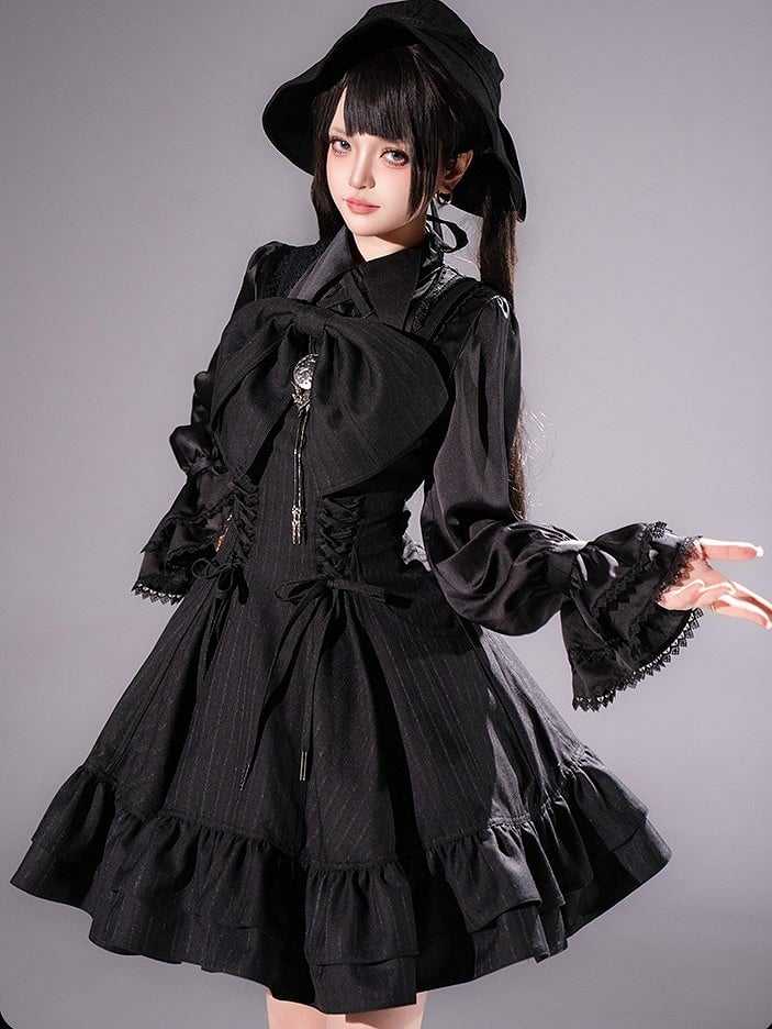 【12月26日予約締切】ゴシックロリータダークカラーストライプリボンサスドレス