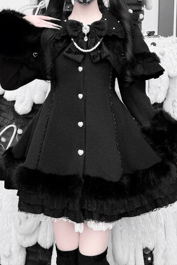 【11月13日予約締切】Black Pearl Bow-Tie Fur Coat With Detachable Cape And Fur Cuffs
