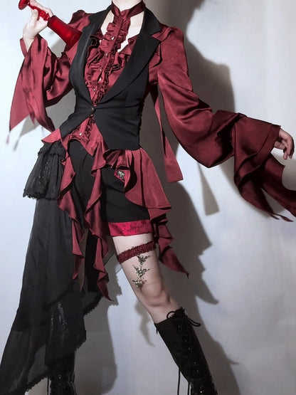 [November 9 Preorder Deadline] Victorian Gothic Lolita Halter-Neck Blouse with Flared Sleeves, an Asymmetrical Frill, and a Train