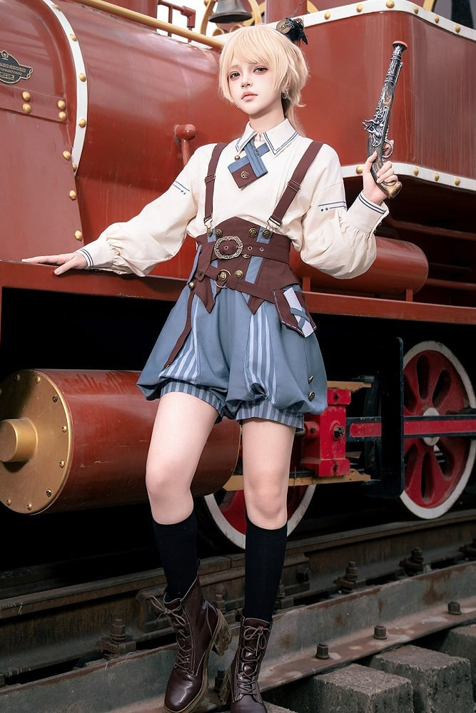 【10月2日予約締切】Vintage Prince Ivory Shirt + Blue Stripe Shorts + Brown Suspender Corset + Waist Belt + Full Set