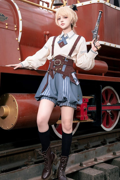 【10月2日予約締切】Vintage Prince Ivory Shirt + Blue Stripe Shorts + Brown Suspender Corset + Waist Belt + Full Set