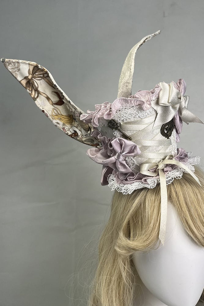 [Pre-order Deadline: September 28] Navy/Off-White Alice Classical Lolita Print Playing Card Frill Ribbon Dress + KC Set + Bunny Ear Hat Set