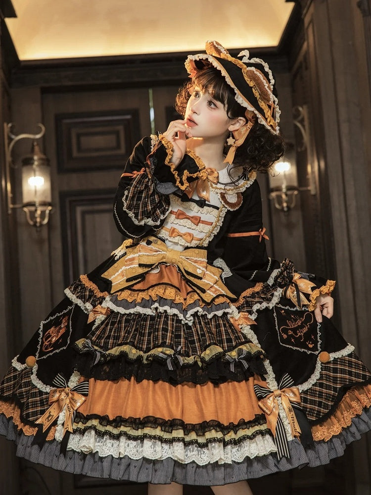 [Reservierungsschluss 8. September] Classic Bear Lolita-Stufenkleid mit weißem Kragen, Karomuster, Spitze und Schleife+Vintage-JSK-Kleid mit Teddybär-Print und Spitze+Vintage-Lolita-Kleid mit Teddybär-Print, Karokragen und klassischem Karomuster