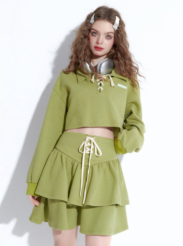 Lace-up neck casual top + short skirt
