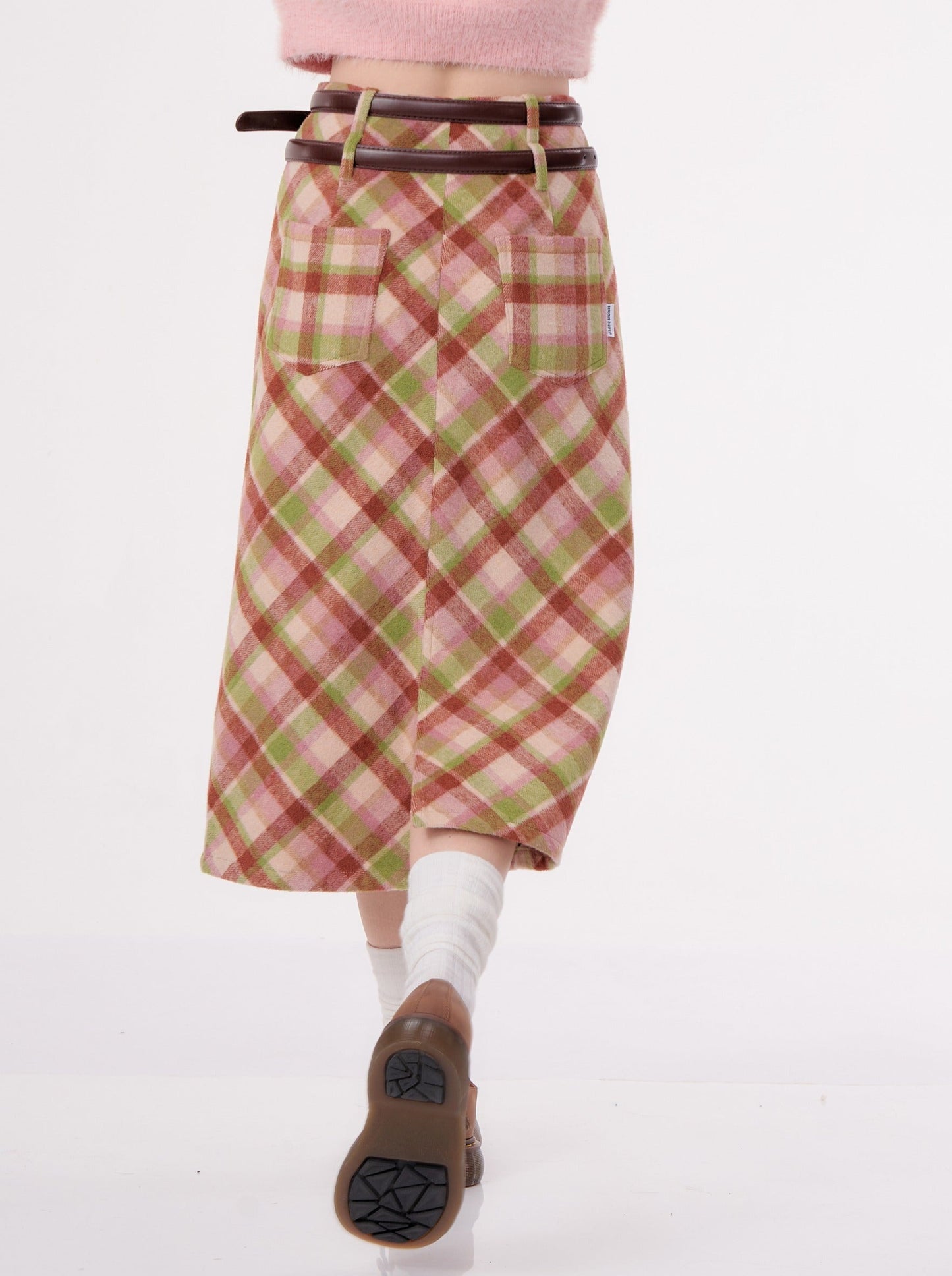 Maillard High Waist Slim Green Mid Length Check Wool Skirt