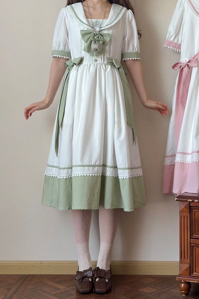 [Reservierungsschluss 28. Juni] 5 Farben/Sailor-Lolita-Streifenkleid mit Schleife und Puffärmeln