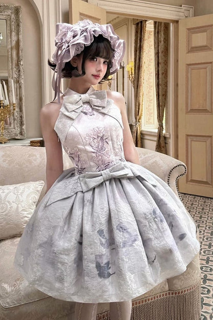 [Scadenza prenotazioni 98] Abito Lolita stile cinese con scollo all'americana, fiocco e ricamo giglio effetto vetrata, nero x viola / bianco x viola