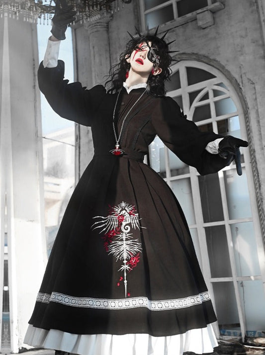 withered bone op]withpuji original design gothic nun embroidered ruffles large skirt lolita autumn