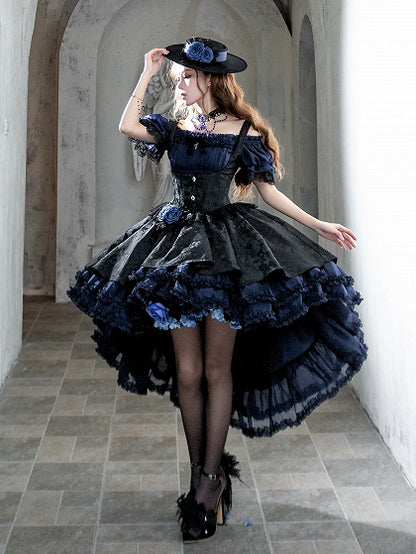 【4月28日预售截止】红蓝×黑色优雅哥特洛丽塔束身胸衣叠层JSK连衣裙+露肩蕾丝泡泡袖上衣