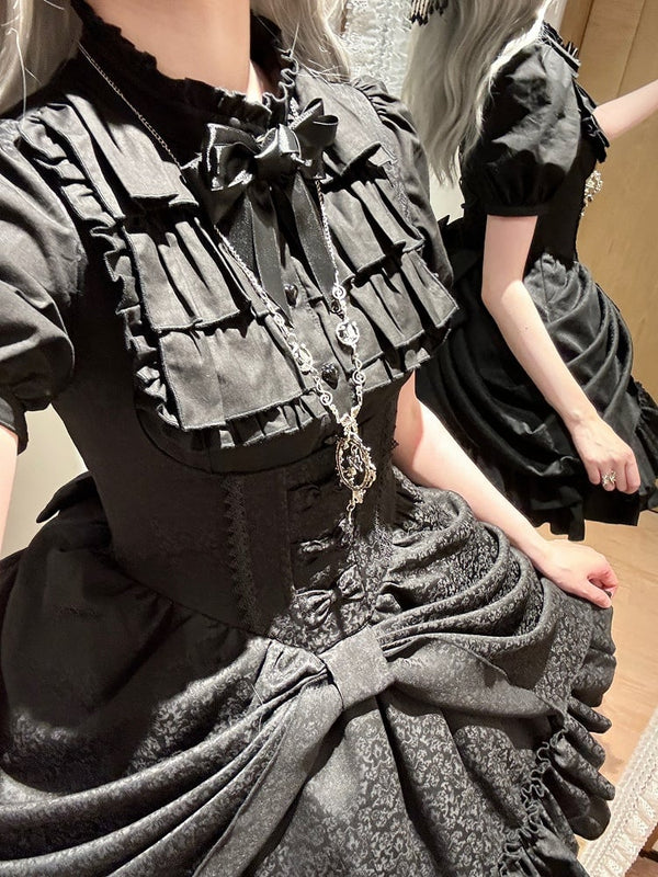 【4月18日予約締切】ダークゴシックロリータスタンドカラーパフスリーブラッフルシャツ（ロングスリーブ付き）