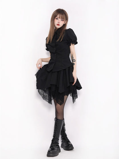 Sweet Cool Coat Style Puff Sleeve Shirt + Red Lace Vest + Spider Nest Race Open Skirt