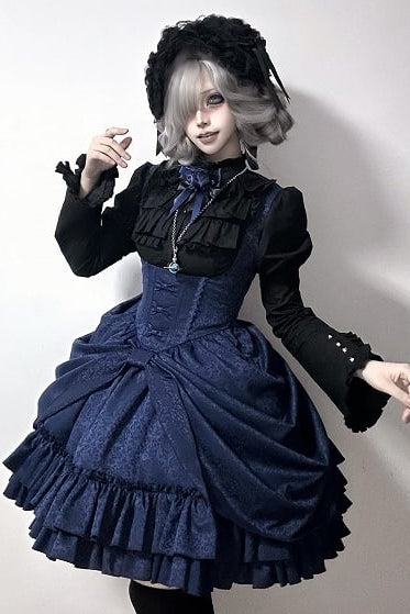 【4月18日予約締切】ダークゴシックロリータスタンドカラーパフスリーブラッフルシャツ（ロングスリーブ付き）