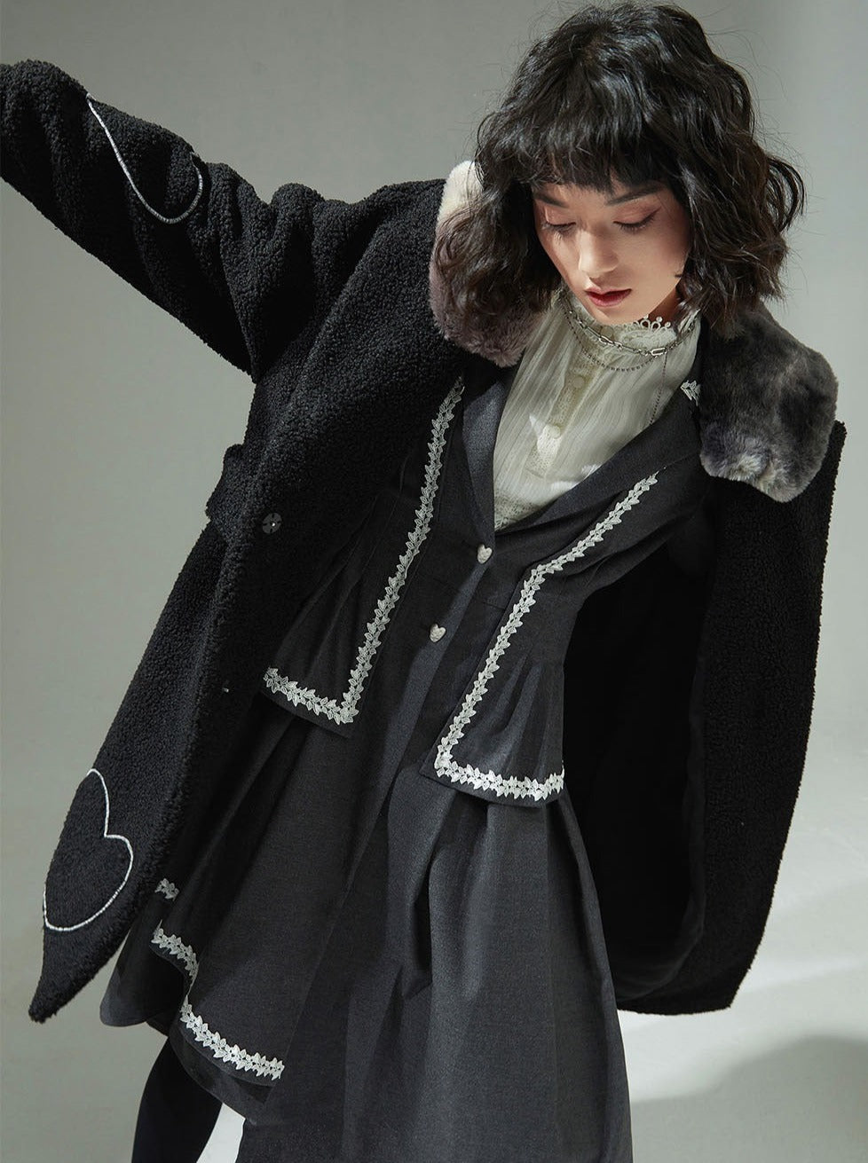 Black Fur Collar Polar Fleece Mid Length Lamb Wool Coat