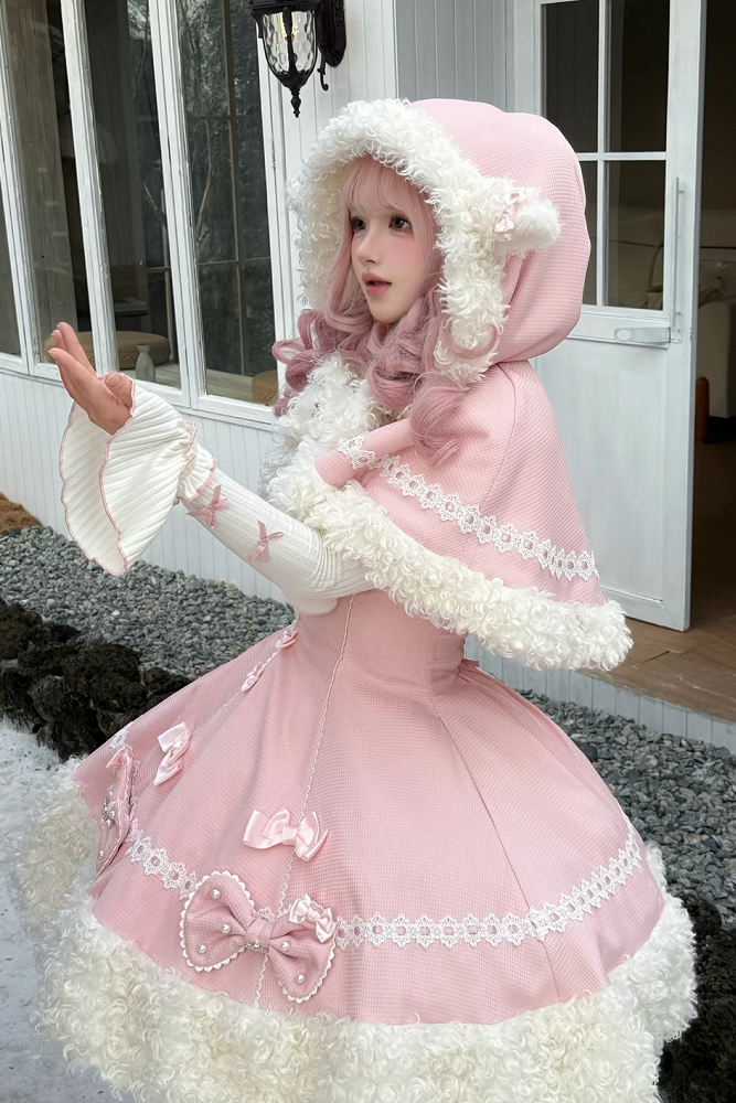 【11月7日予約締切】Yellow/Pink Sweet Lolita Fur Trim Sheep Ear Hooded Bow Cape (Reversible Plush Hooded Cape)