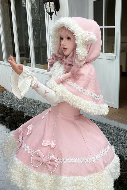 【11月7日予約締切】Yellow/Pink Sweet Lolita Fur Trim Sheep Ear Hooded Bow Cape (Reversible Plush Hooded Cape)