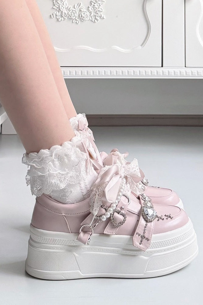 【10月6日予約締切】White/Pink/Black Rhinestone Buckle Lace Cross Charm Ribbon Chunky Sneakers