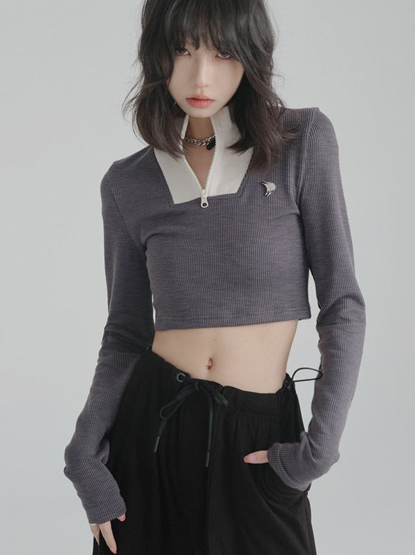 ハーフジップスタンドカラーセーターニューデザインショートトップ