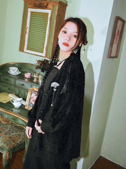 Night Collar Mink Velvet Black Cardigan Jacket