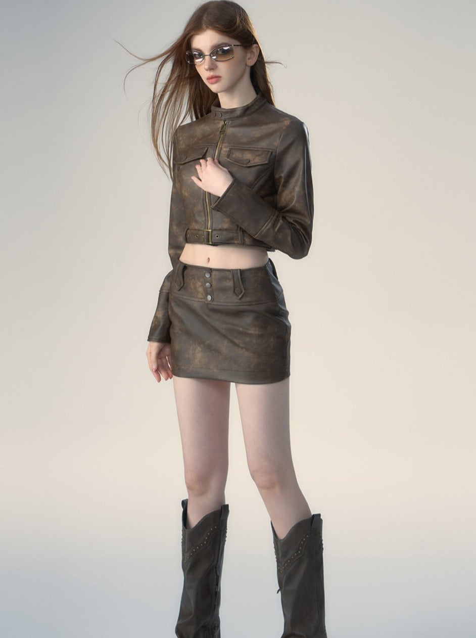 Maillard Stand Collar Short Leather Jacket + Tight Leather Skirt