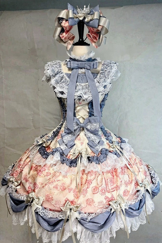 [Date limite de précommande 9/28] Ensemble robe + KC à imprimé floral Alice lolita classique, gris argenté x rouge / rose x bleu, à volants et rubans