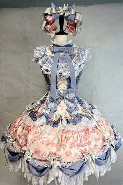 [Date limite de précommande 9/28] Ensemble robe + KC à imprimé floral Alice lolita classique, gris argenté x rouge / rose x bleu, à volants et rubans