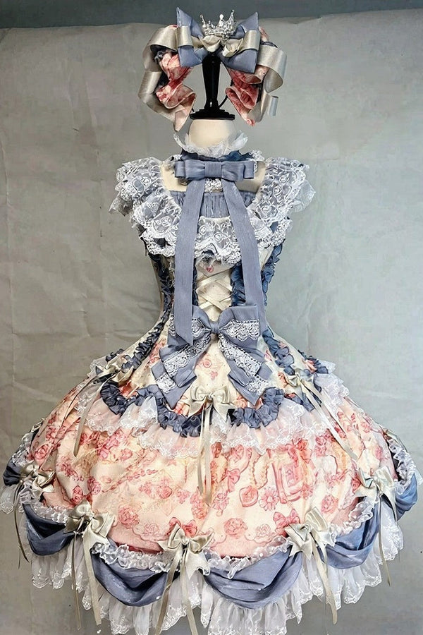 【9月28日予約締切】Silver Gray x Red / Pink x Blue Alice Classical Lolita Print Froral Frill Ribbon Dress＋KC Set