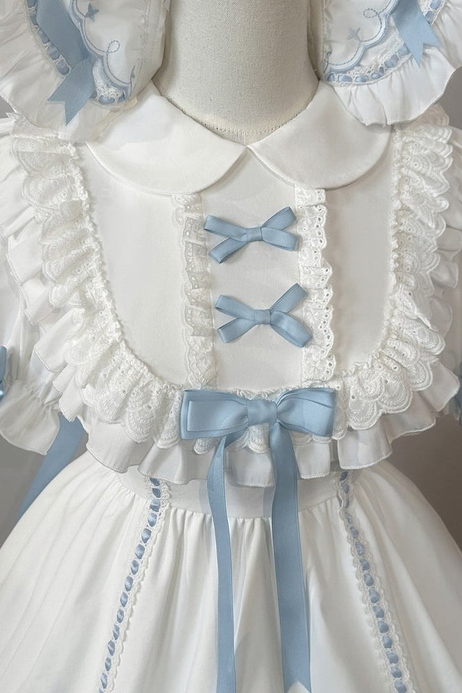 【10月4日予約締切】Blue & White / Pink & White Gothic-Inspired Sweet Lolita Ribbon Ruffle Dress＋Cross Embroidery Ribbon Cape