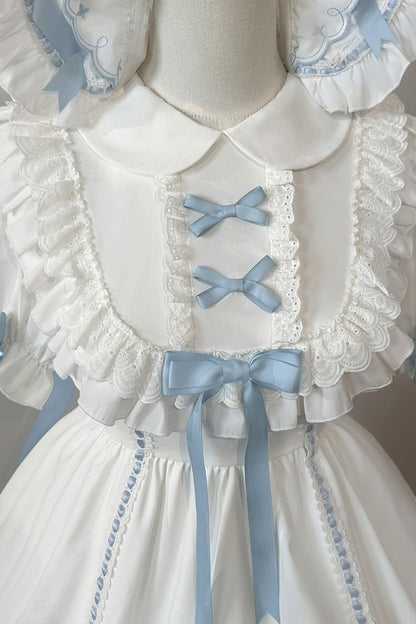 【10月4日予約締切】Blue & White / Pink & White Gothic-Inspired Sweet Lolita Ribbon Ruffle Dress＋Cross Embroidery Ribbon Cape