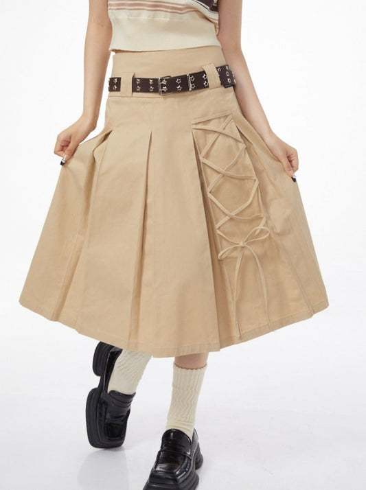 One-point Lace-up Medium Pleated Skirt