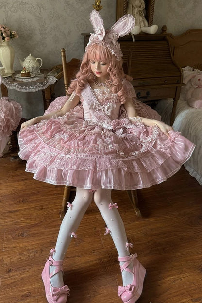 【6月20日予約締切】ピンク/ブルースイートラビットリボンフェアリープリンセスレースティアードJKSドレス