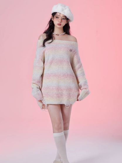 Rainbow Candy Off-Shoulder Wax Lazy Sweater